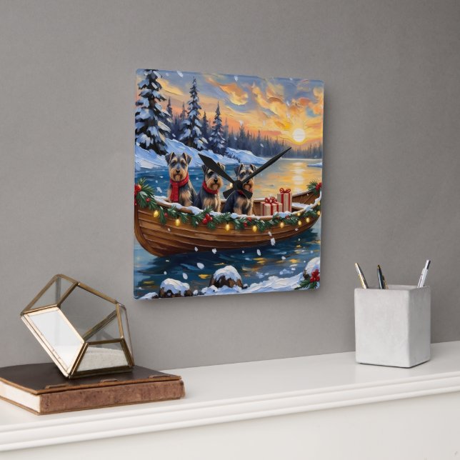 Relógio Quadrado Schnauzer Christmas Boat Holiday (Escritório)
