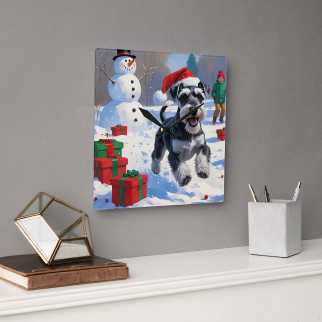 Relógio Quadrado Schnauzer Correndo em Neve com Chapéu de Natal (Escritório)