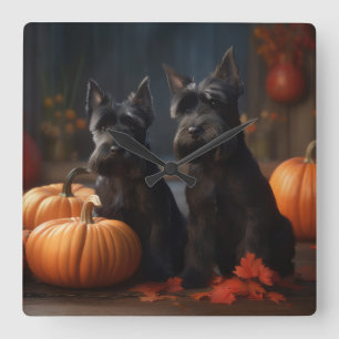 Relógio Quadrado Scottish Terrier Puppy Autumn Delight Pumpkin