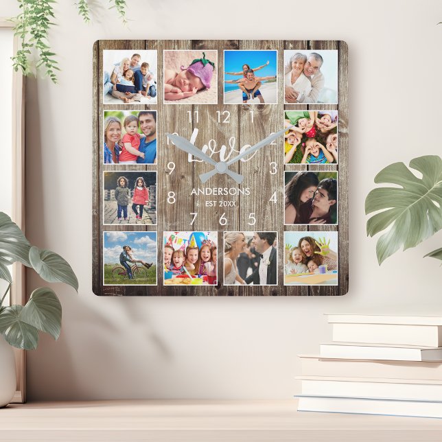 Relógio Quadrado Script de Amor de Farmhouse Rustic Farmhouse da Fa (Criador carregado)