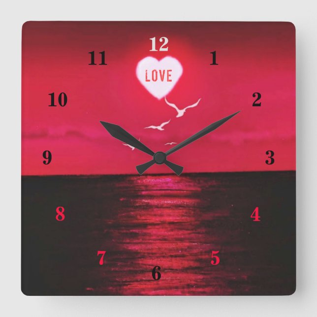 Relógio Quadrado Sea Sunset Love Romany Wall Clock - Vermelho Negro (Frente)