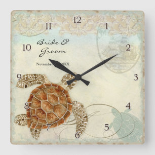 Relógio Quadrado Sea Turtle Modern Coaster Ocean Beach Swirls Estil