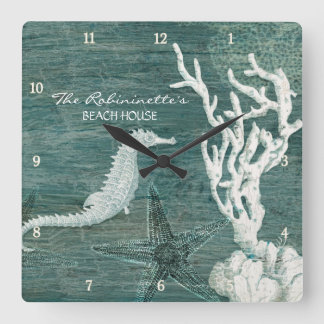 Relógio Quadrado Seacavalo Beach House Teal Blue Driftwood Coaster
