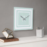 Relógio Quadrado Seafoam Green White Framed Monogram<br><div class="desc">Elegant and simple white monogram in a square double frame on a seafoam green background. Personalize with your own initial.</div>