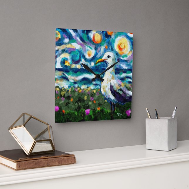 Relógio Quadrado Seagull Van Gogh Style Beach Sky Blue Teal (Escritório)