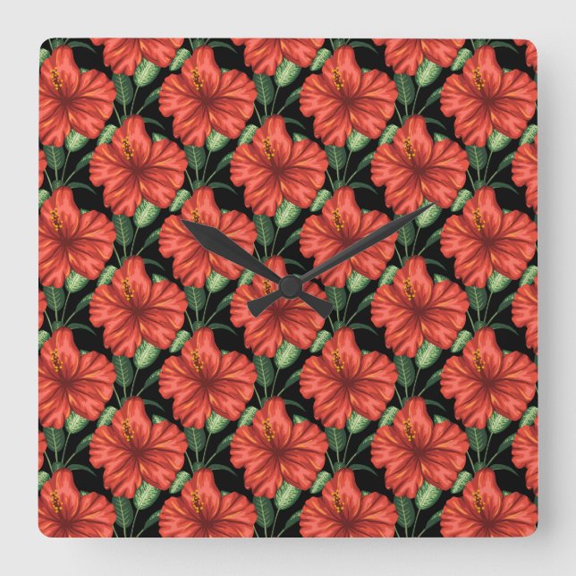 Relógio Quadrado Seamless pattern Tropical red flowers green leaves (Frente)