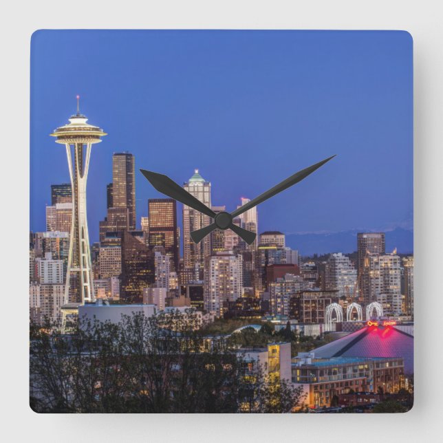 Relógio Quadrado Seattle, centro e Mt. Rainier ao Crepúsculo (Frente)