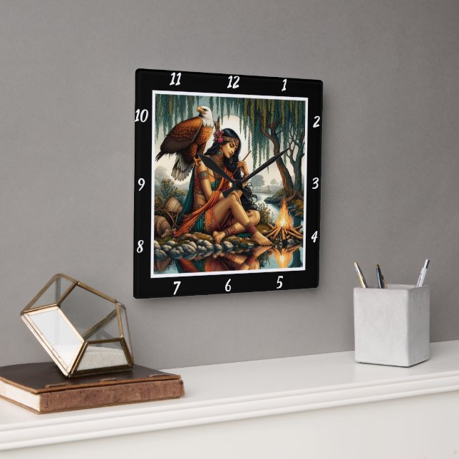 Relógio Quadrado Segredos Nativos: O brilho da Lua de Olhar de Águi (Escritório)