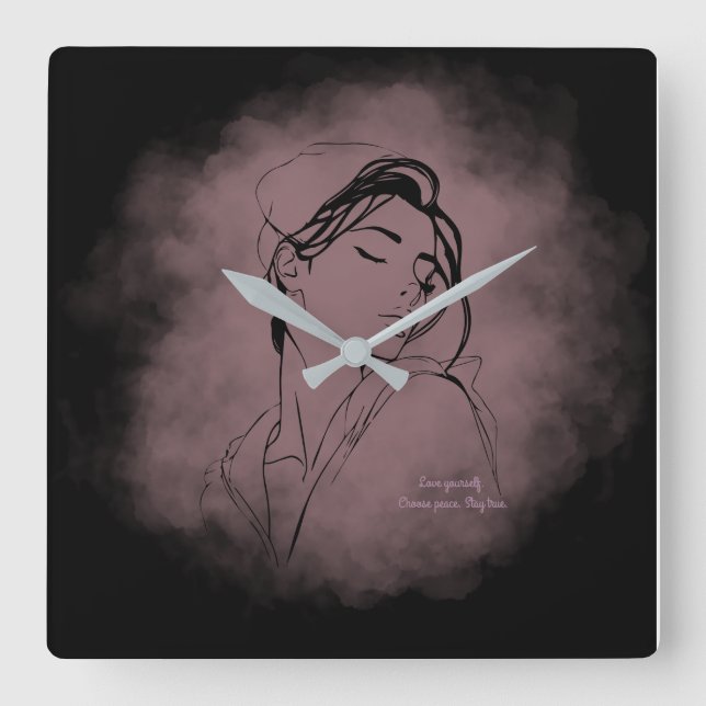 Relógio Quadrado Self-Love Line Art Clock – "Love Yourself" Design (Frente)