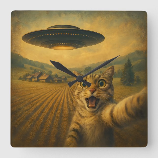 Relógio Quadrado Selfie De Gato Com Presentes De Gato Engraçado De  (Frente)