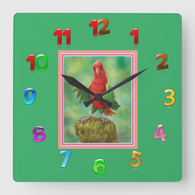 Relógio Quadrado Selva Adorável Vermelha/Verde/Relógio de Parede (Frente)