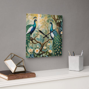Relógio Quadrado Selva Floral de Teal de Ouro Peacock