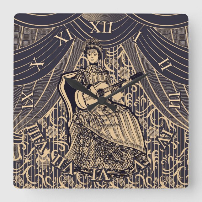 Relógio Quadrado Senhora com guitarra (Frente)