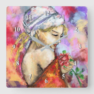 Relógio Quadrado Senhora com Rosa - Pintura Original da Mulher Abst