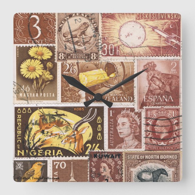 Relógio Quadrado Sepia Brown Dourado Wall Clock, Postage Stamp Art (Frente)