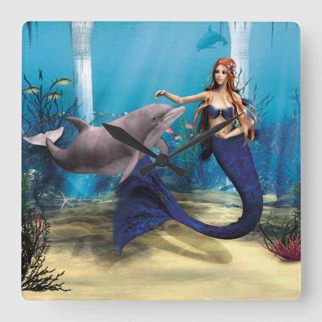 Relógio Quadrado Sereia e golfinho (Frente)