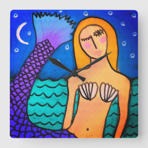 Relógio Quadrado Sereia na Abstrato da Lua