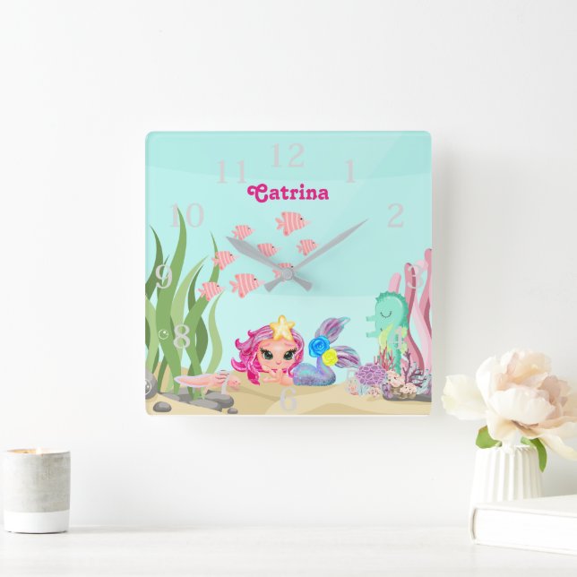 Relógio Quadrado Sereia Personalizada e Axolotl (Lar)