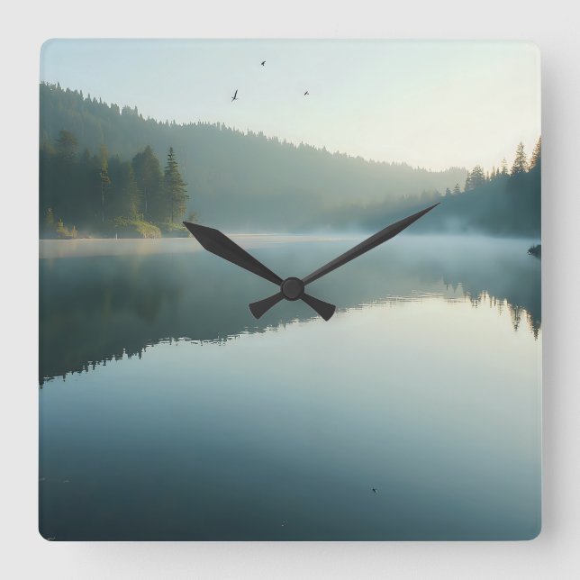 Relógio Quadrado Serene Misty Lake Forest Morning Reflection (Frente)