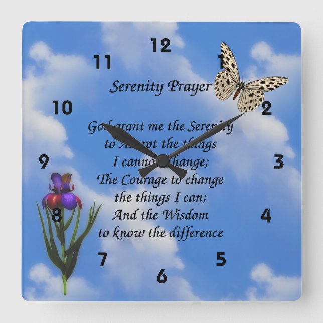 Relógio Quadrado Serenity Prayer Butterfly Flower Inspiration (Frente)
