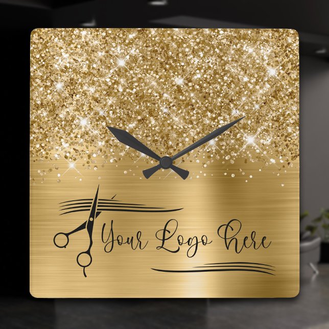 Relógio Quadrado Seu Glam Dourado da Gliteria de Logotipos (Gold Glitter and Foil Logo Square Wall Clock)