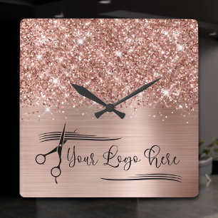 Relógio Quadrado Seu Logotipo Brilhante Rosa Dourado Glam