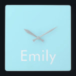 Relógio Quadrado Seu próprio nome ou palavra | Azul-céu mole<br><div class="desc">Seu próprio nome ou palavra personalizada impresso.</div>