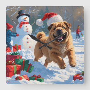 Relógio Quadrado Shar Pei Correndo na Neve com Chapéu de Natal