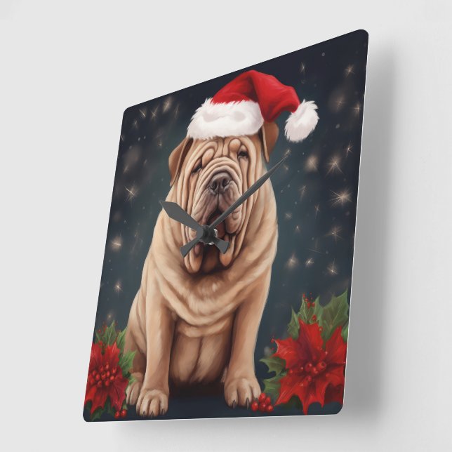 Relógio Quadrado Shar Pei Dog no Natal da Neve (Ângulo)