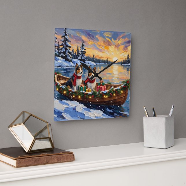 Relógio Quadrado Shetland Sheepdog Christmas Boat Holiday (Escritório)