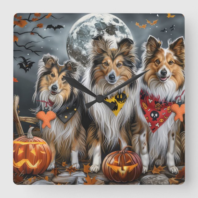 Relógio Quadrado Shetland Sheepdog Halloween Spooky (Frente)