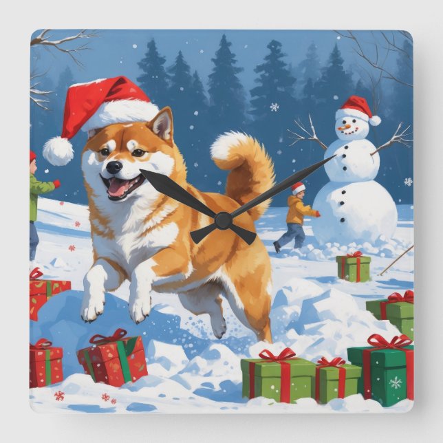 Relógio Quadrado Shiba Inu correndo em neve com chapéu de Natal (Frente)