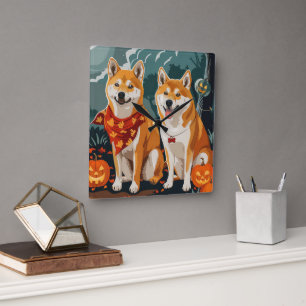 Relógio Quadrado Shiba Inu Halloween Assustador