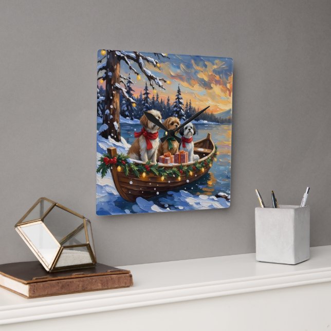 Relógio Quadrado Shih Tzu Christmas Boat Holiday (Escritório)