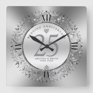 Relógio Quadrado Shinve Silve Swirls Circle Frame 25 casamento