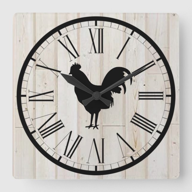 Relógio Quadrado Shiplap Look Farmhouse Rooster Design Wall Clock (Frente)