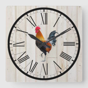 Relógio Quadrado Shiplap Look Farmhouse Rooster Design Wall Clock