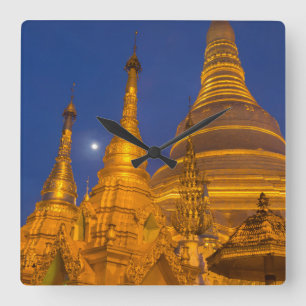 Relógio Quadrado Shwedagon Pagoda à noite, Mianmar