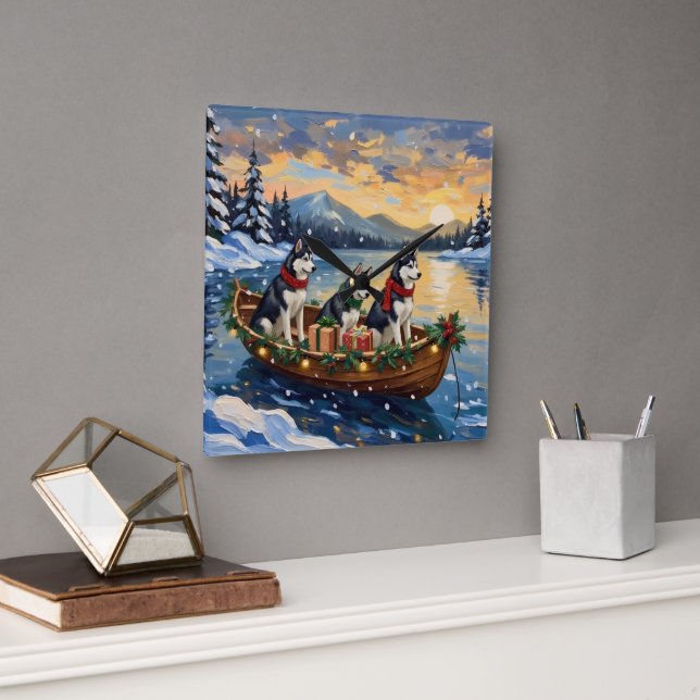 Relógio Quadrado Siberian Husky Christmas Boat Holiday (Escritório)