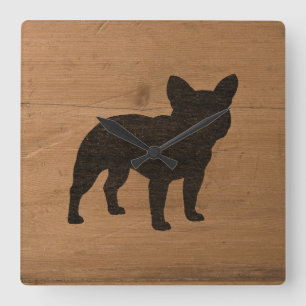 Relógio Quadrado Silhueta de Bulldog Francês  Faux Wood Frenchie D
