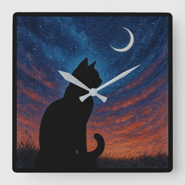 Relógio Quadrado Silhueta de Gato - Céu Noturno com Lua Crescente (Frente)