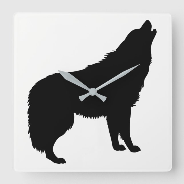 Relógio Quadrado Silhueta de Lobo Uivando (Frente)