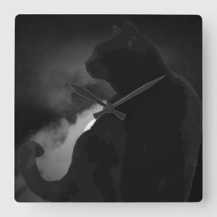 Relógio Quadrado Silhueta de Lua Gato Preto