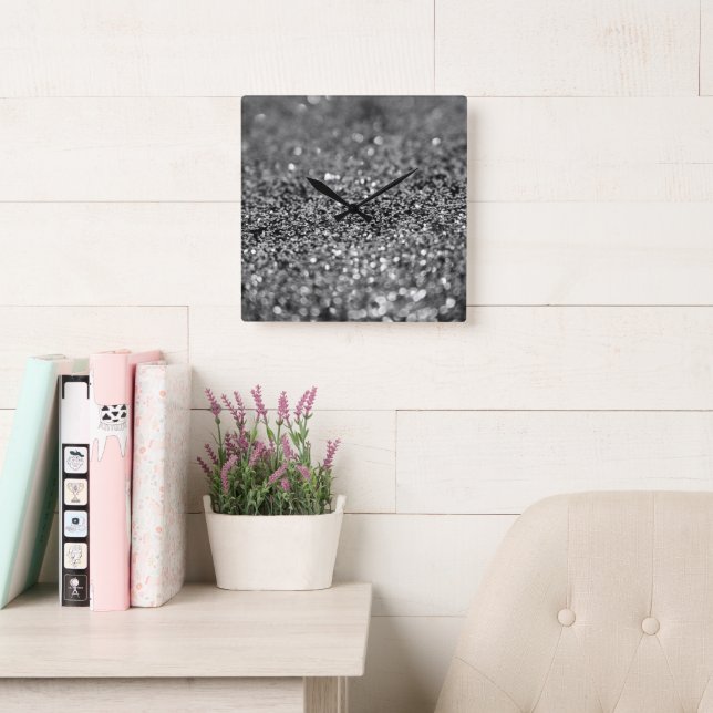 Relógio Quadrado Silver Gray Glitter Bokeh Glam 2 (Sala de leitura)