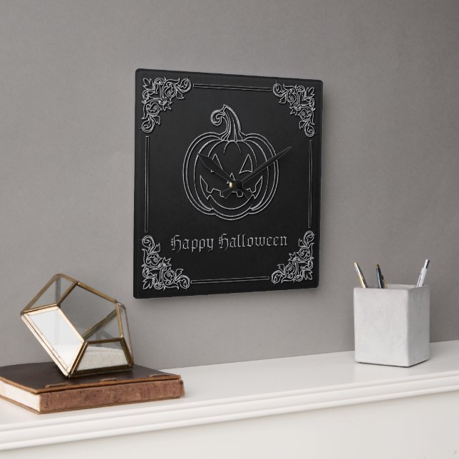 Relógio Quadrado Silver Jack O' Lanterna Halloween (Escritório)