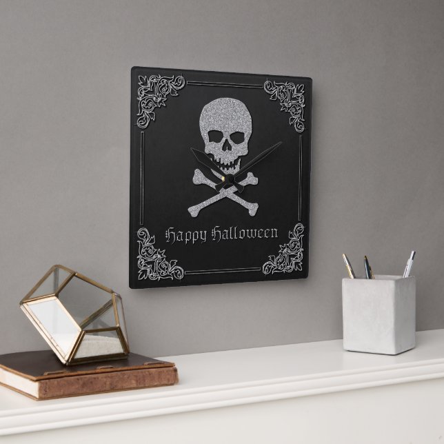 Relógio Quadrado Silver Skull e Crossbones Halloween (Escritório)