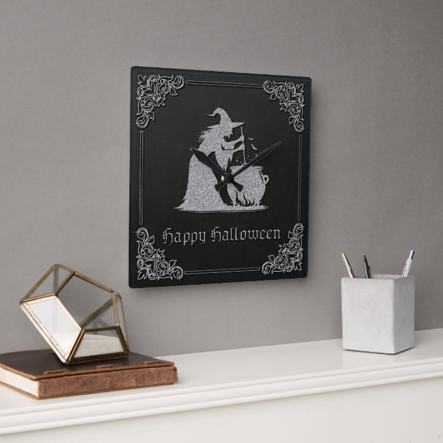 Relógio Quadrado Silver Witch e Cauldron Halloween (Escritório)