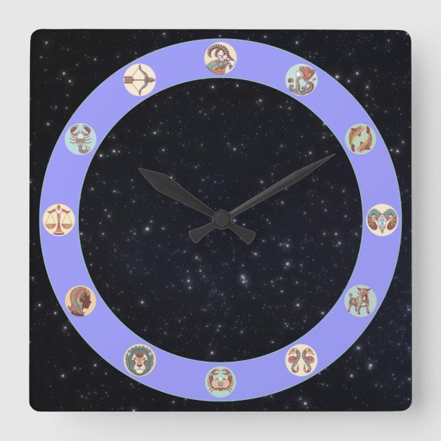 Relógio Quadrado Símbolo Zodiac com Estrelas (Frente)