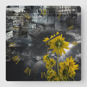 Relógio Quadrado Símbolos abstrato e flores amarelas