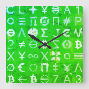 Relógio Quadrado Símbolos de Bitcoin (Lucro Brilhante Verde - 4)